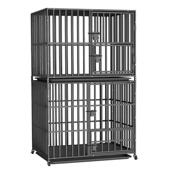 2 Tier Stackable Dog Cage Crate Thick Wire Bar Dog Kennel Portable Feeding Door 