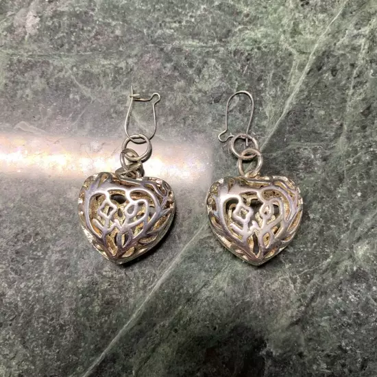 Hollow Puffy Silver Tone Filigree Heart Dangle Earrings