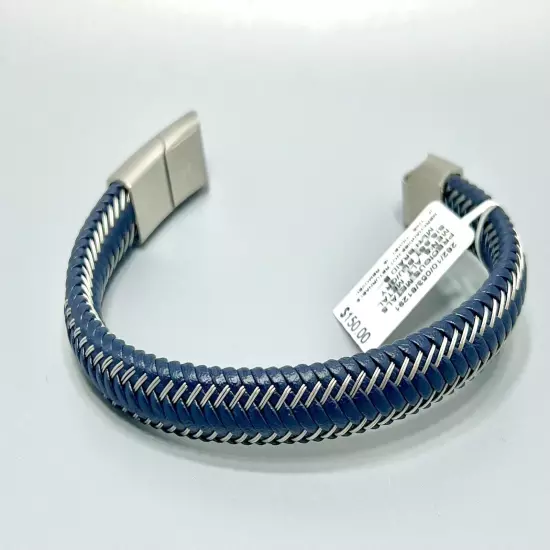 Simone l. Smith Men's Blue Leather Braided Bracelet in Stainless Steel