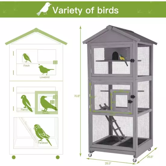 71in' Outdoor Large Wooden Bird Cage on Wheels Play Stand Perch Nest Cockatiel