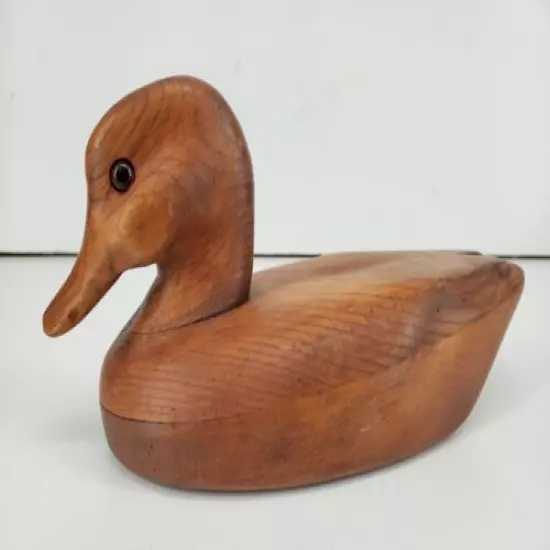 Vintage 1984 Hand Carved Wood Folk Art Duck Decoy Bird Sculpture Art Glass Eyes