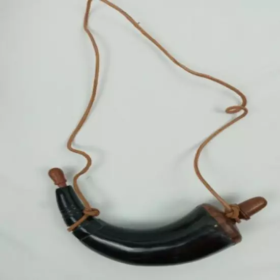 Vintage Black Powder Horn Capped Wood Plug Leather Strap Unused 13 1/2"