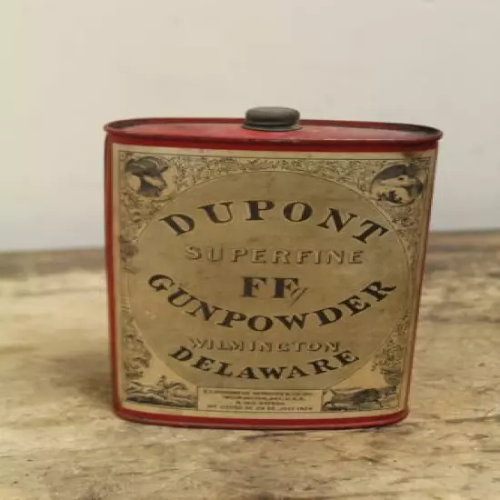 Antique Vintage Dupont Gunpowder Tin Can Superfine FF, 1 lb, Very Good Condition