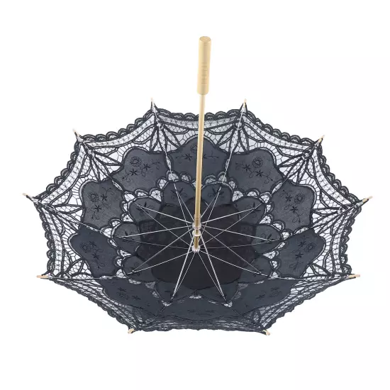 Black Lace Umbrella Sun Parasol Victorian Wedding Cosplay Lace Cotton Wood Metal