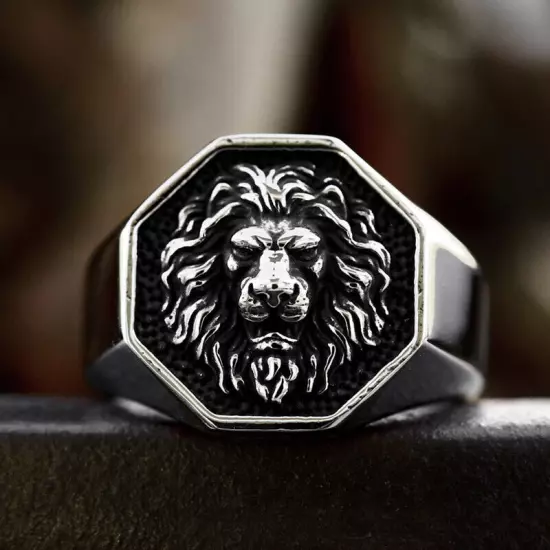 Powerful Royal Lion Hexagon Signet Ring Stainless Steel Biker Jewelry Punk Ring