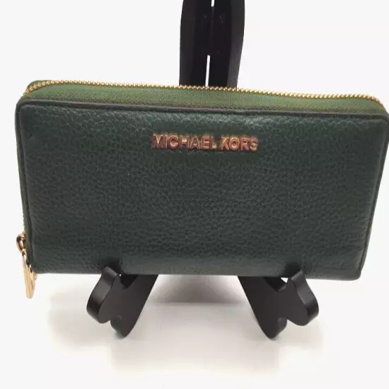 Michael Kors Wallet Zip Around Pebbled Leather Coin Purse Travel Organizer Green