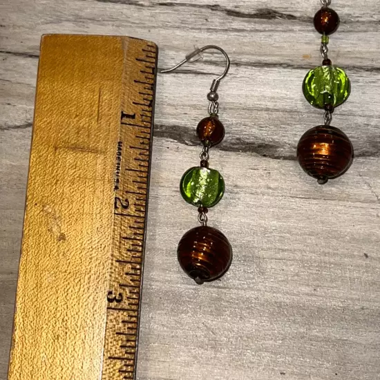 Lovely Green & Brown Glass Earrings Fish Hook