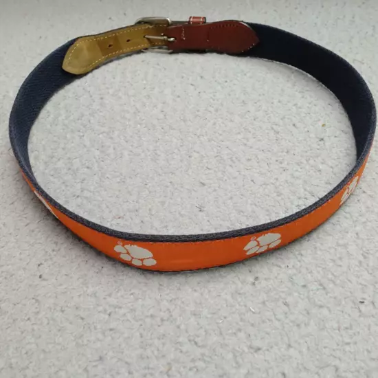 Clemson Tigers Belt Size 30 Tiger Paw Orange Web Leather Trim Nickel Buckle Mens