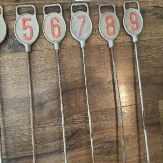 COMPLETE SET 9 ANTIQUE CAST METAL GOLF HOLE PIN MARKERS WOOD SHAFT GOLF CLUB ERA