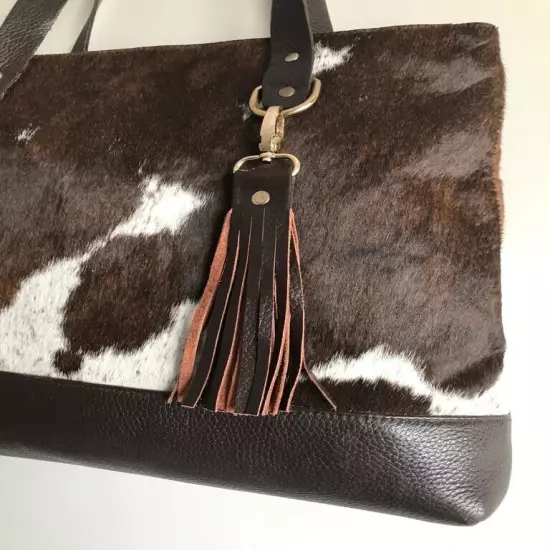 Women Cowhide Tote Bag Real Hair On Tricolor Shoulder Bag Cowhide Fur Purse Bag