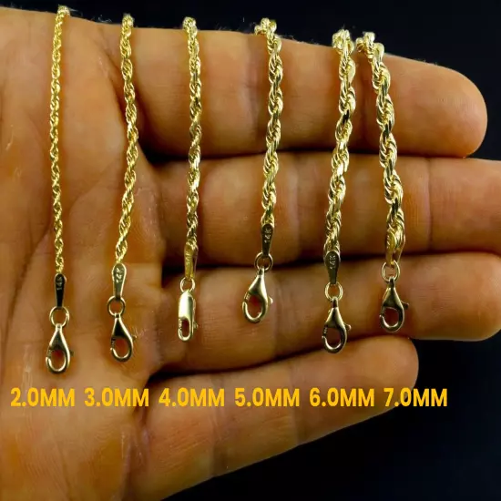 14K Yellow Gold 1mm-10mm Rope Chain Necklace Diamond Cut All Sizes Real 16"-30"