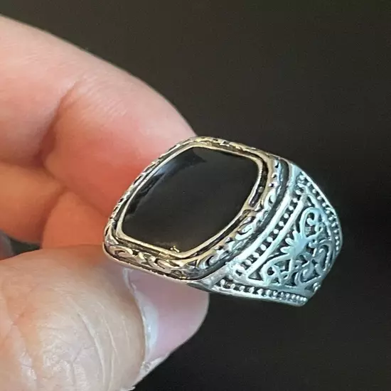 Trendy Black Obsidian Stone S925 Silver Plated Men Women Statement Ring Size 7.5