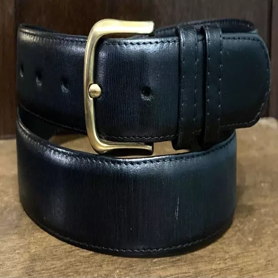 Men's VTG Black Glove Leather Belt Sz 40 1-1/8”Wide Brass Bkl Stitched GUC