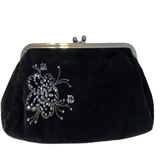 Express Beaded Sequined Clutch Purse Black Velvet Floral Beaded Appliqué New