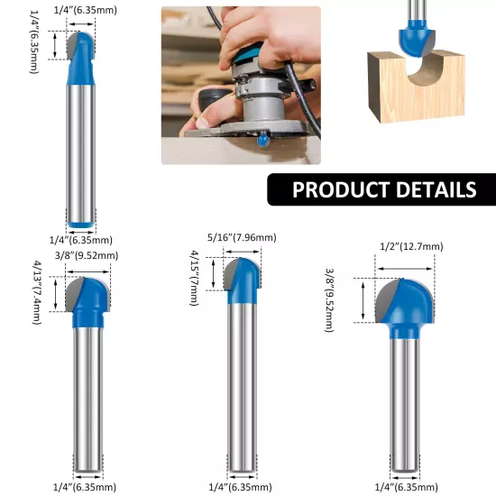 4Pcs 1/4" Shank Round Nose Router Bit Set Carbide Double Flute Core Box Routerφ