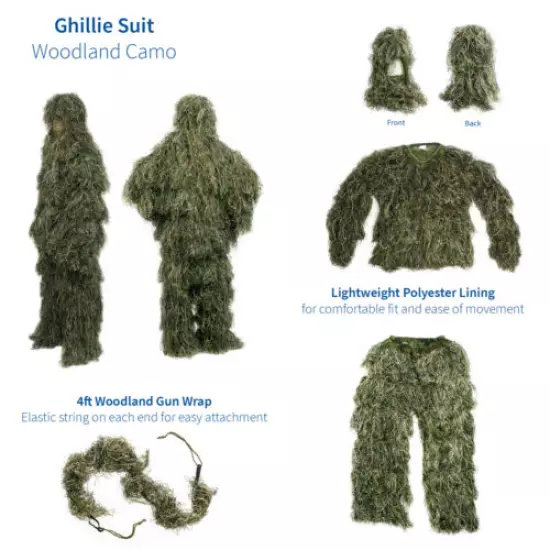 New Ghillie Suit XL/XXL Camo Woodland Camouflage Forest Hunting 4-Piece + Bag