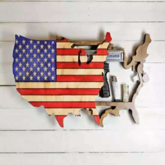 Wood American Flag shaped like United States map Concealment Furniture