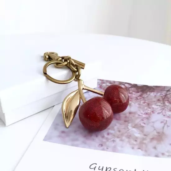 1 Kit Cherry Bag Charm KeyChain Glitter resin and metal Brass Red Apple