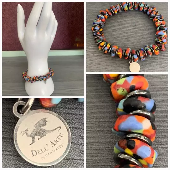 Signed Jean Claude Dell Arte Colorful Stainless Steel Dragon Stretch Bracelet