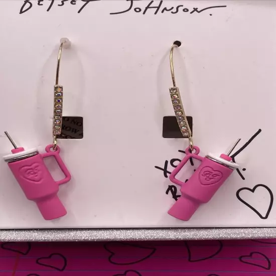 BETSEY JOHNSON HOT PINK STANLEY CUP DANGLE EARRINGS NIB