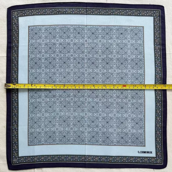 Handkerchief Vtg Geometric Medallion Black Pattern Pocket Square Blue Cotton 16"