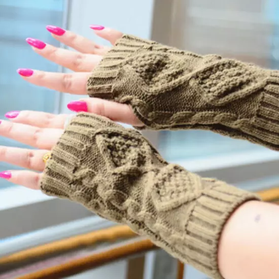 Knitted Long Fingerless Gloves Arm Sleeves Rhombus Crochet Half Finger Gloves