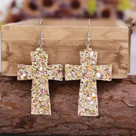 Golden Fashion Cross Design Dangle Earrings Full Sequins Decor PU Leather Women