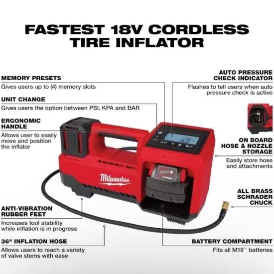 NEW IN BOX Milwaukee M18 2848-20 Cordless Tire Inflator 18 Volt Tool Only 18V...