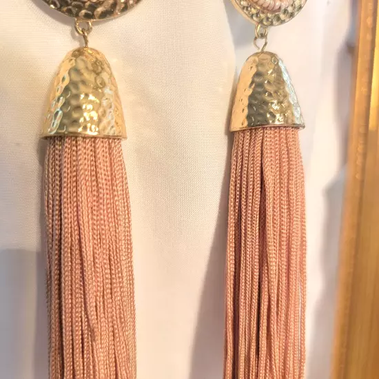 Champagne Pink- TASSLE Gold Tone Beaded Fringe Dangle Earrings 6 INCHES Pierced