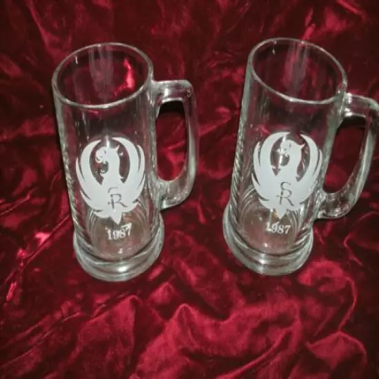 VINTAGE SET OF 2 STURM RUGER 1987 5.50" TALL GLASS MUGS W/HANDLE MADE IN CANADA