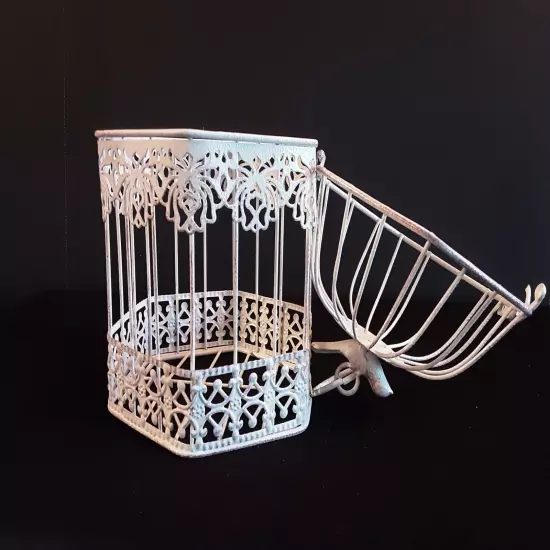 Vintage Look Metal Bird Cage Intricate Cut-Outs Bird On Top Opens At Top