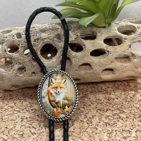 Rustic Fox Western Leather Bolo Tie Lariat Necklace Wedding Gift Dad Son Husband