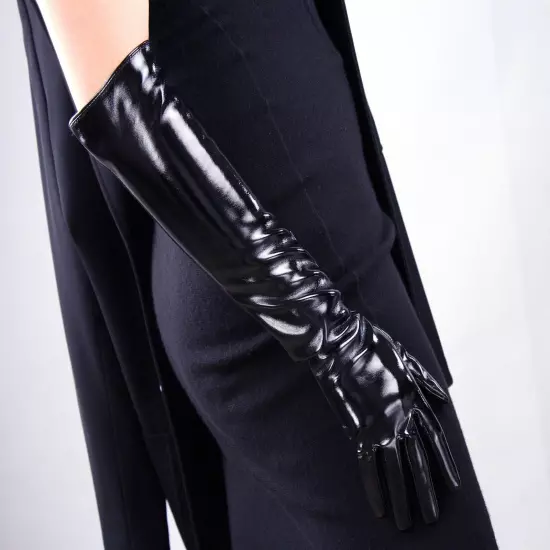 LATEX GLOVES Shine Leather Faux Patent Vegan PU 8" 21cm Short Basic Shine Black