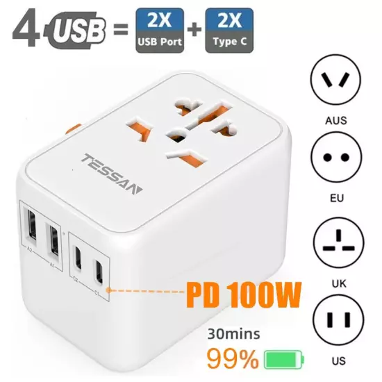 100W Universal Travel Adapter with USB and Type-C Fast Charging Power Adapter