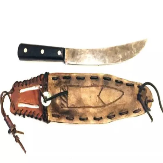 Mountain Man Style Butcher Knife W/ Custom Leather Scabbard Carbon Steel Blade