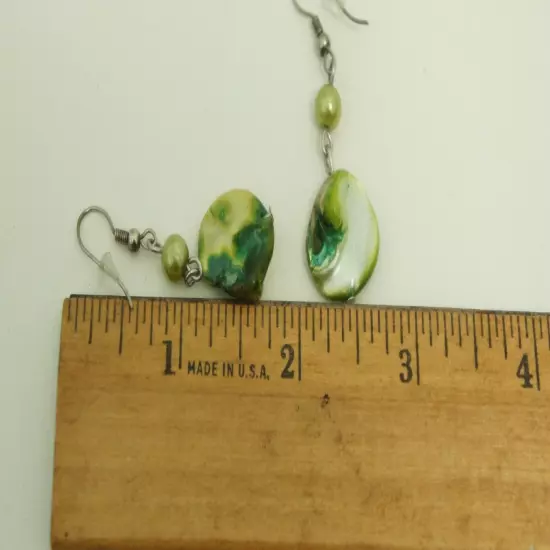 Green Mother of Pearl Dangle Earrings Round Faux Pearl Bead Silver Tone