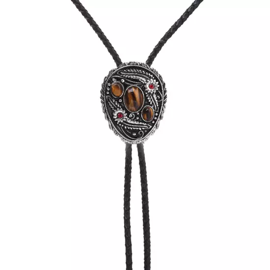 Flower Grass & Tiger-eye Stone BOLO Tie Necklace Wedding Western Native American