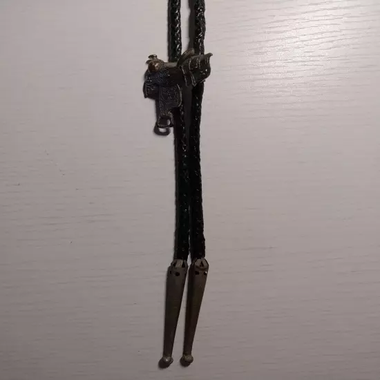 Vintage Country Western Bolo Tie Saddle Pewter On Leather Cord 