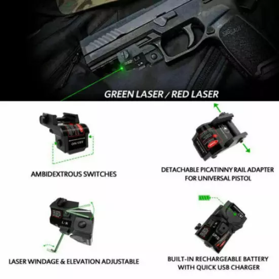 Green Blue Dot Laser Sight Pistol USB Rechargeable For Glock17 19 Picatinny Rail