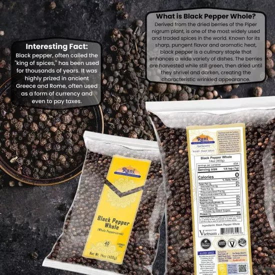 Rani Black Pepper Whole (Peppercorns), Premium Indian MG-1 Grade 14oz (400g)