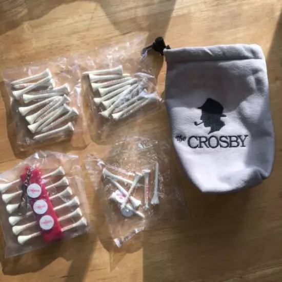 The Crosby Golf Tee bag with Tees and ball markers NOS Gray Felt W Drawstring