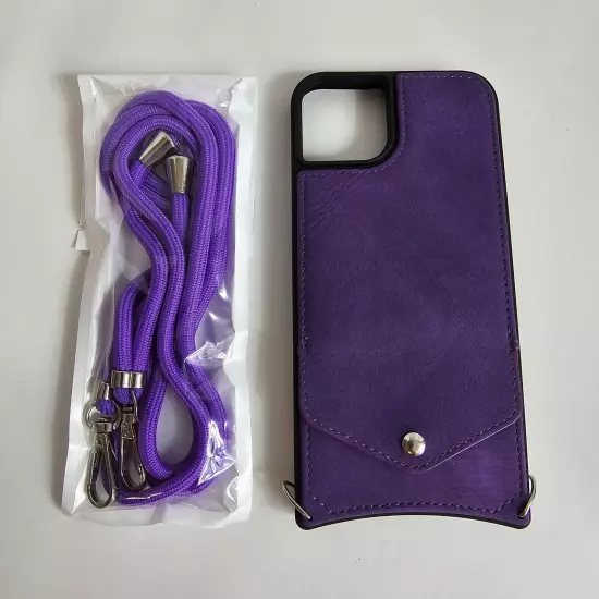 Cell Phone Bumper Case For iPhone 15 Plus 6.7 in Purple PU Leather Lanyard