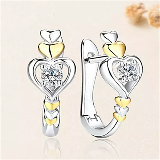 Heart Women Luxury Cubic Zircon Drop Earring Two Tone 925 Silver Jewelry