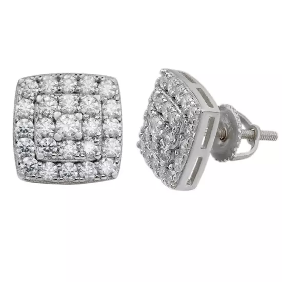 Real Solid 925 Silver Iced Simulated Diamond Earrings Screw Back Square Men's