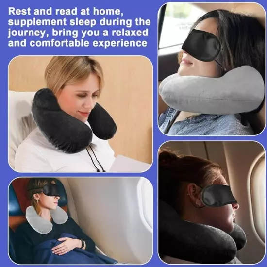 Inflatable Air Travel Pillow Airplane Office Nap Rest Neck Head Ear Plugs Mask