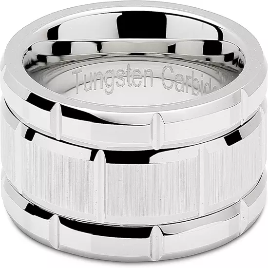 Tungsten Rings for Men Wedding Band White Gold Brick Pattern Rhodium Plated Size