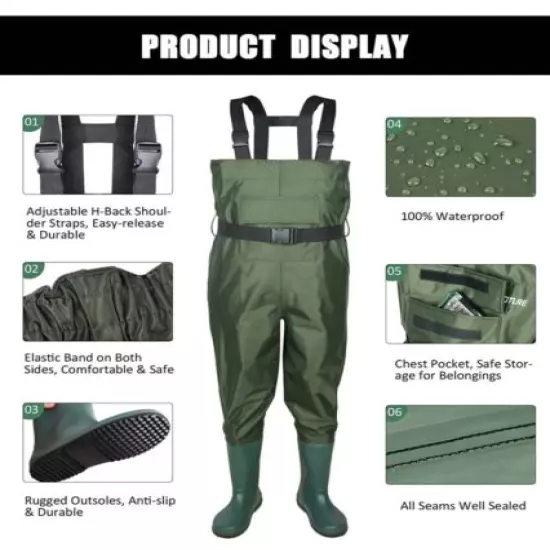 Lightweight Bootfoot Chest Wader 2-Ply Nylon/PVC Waterproof Waders Size 8 to 14 