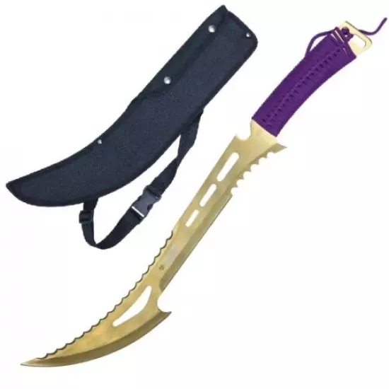 Fantasy Knife | 24" Overall Curved Sawback Blade Machete Purple Gold + Sheath