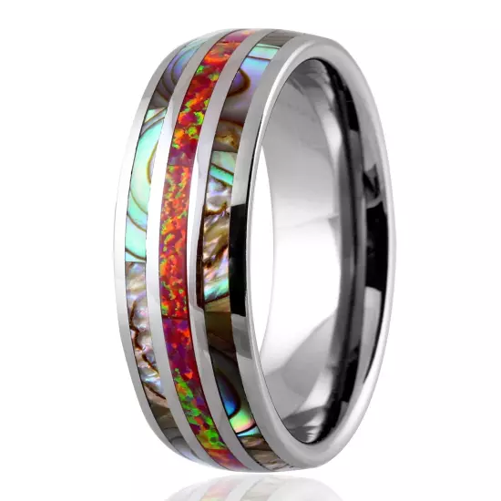 8mm Tungsten Men's Pink/Red Opal w/ Abalone Striped Wedding Band Ring