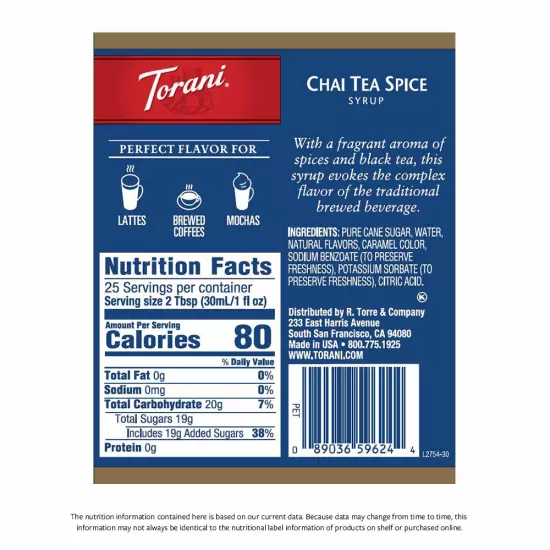 Torani Syrup, Chai Tea Spice, 25.4 Ounces Pack of 4